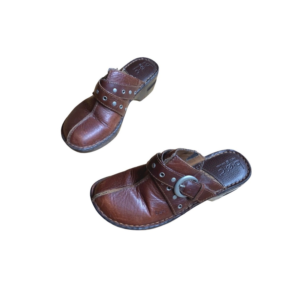 B.O.C. Born Concept Brown‎ Leather Clogs Mules Buckle Platform Womens 7